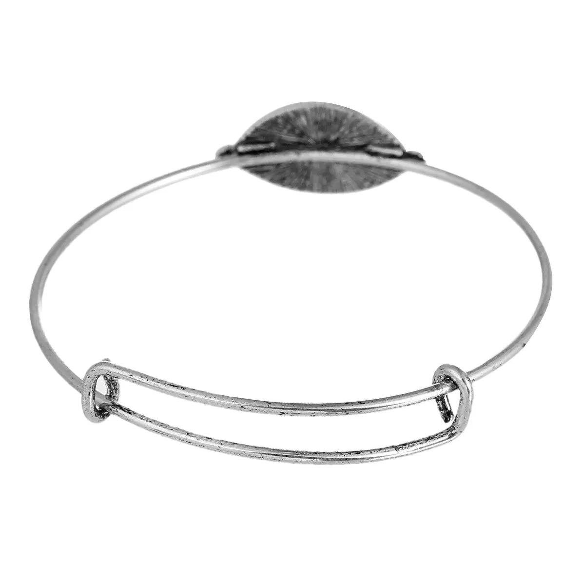 Expandable Charm Bangle Bracelet, Double Bar, Eye Antique Silver Tone Blue Resin