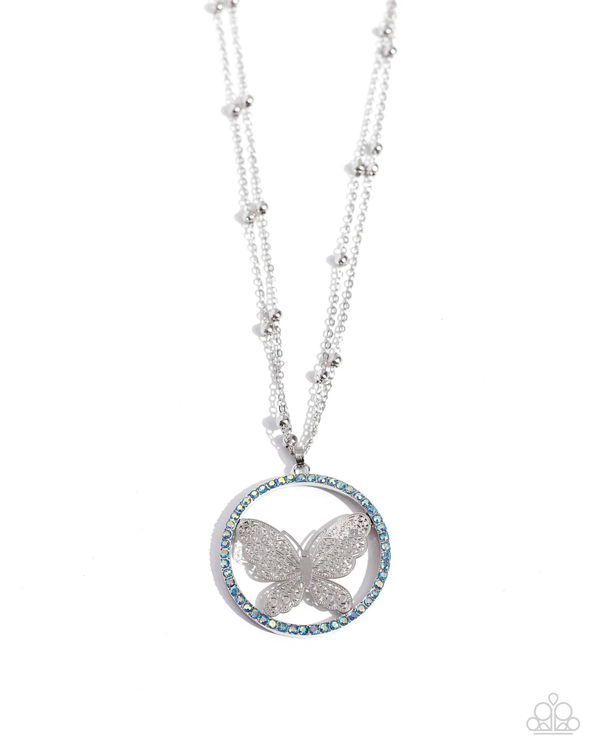 Festive Flight - Blue - Iridescent Rhinestone Border Silver Filigree Butterfly Paparazzi Short Necklace