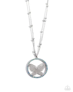 Festive Flight - Blue - Iridescent Rhinestone Border Silver Filigree Butterfly Paparazzi Short Necklace