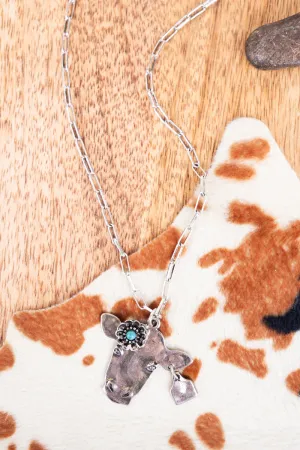 Flower Field Turquoise Silvertone Cow Necklace