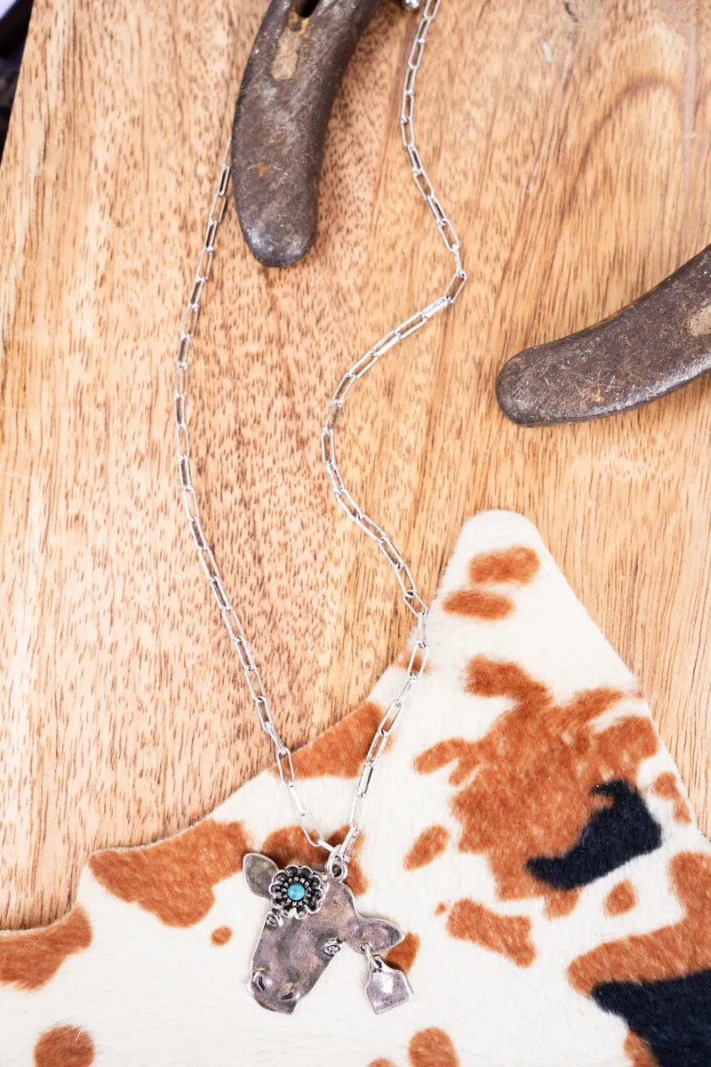 Flower Field Turquoise Silvertone Cow Necklace