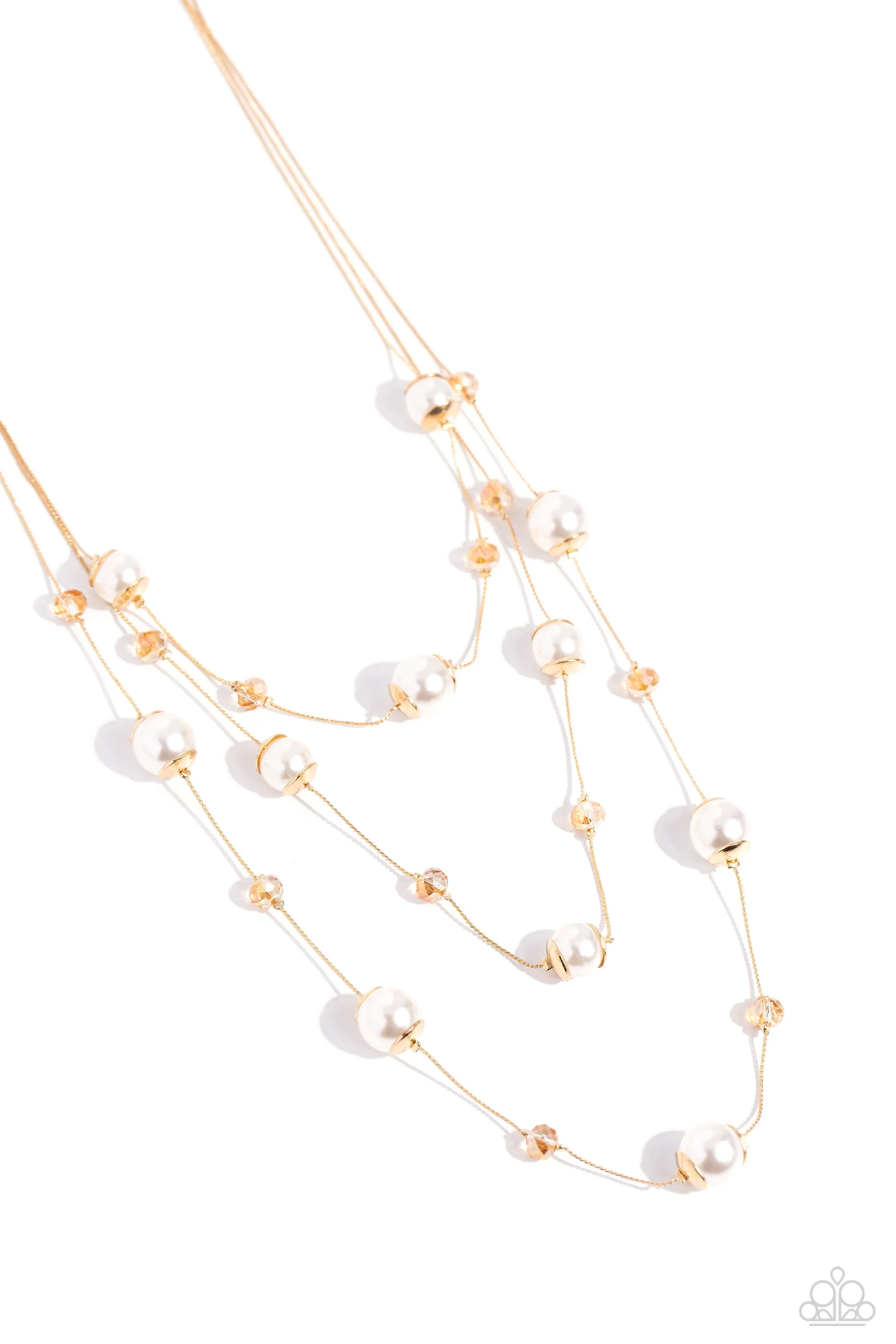 Glistening Gamut - Gold - White Pearl and Beaded Tiered Paparazzi Long Necklace