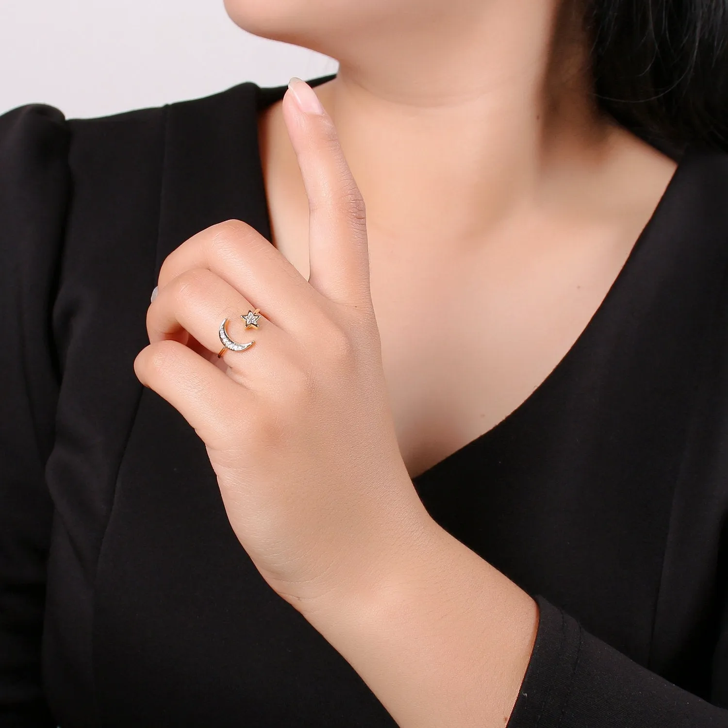 Gold Moon and Star Ring- Dainty Adjustable Ring, Crescent Ring, Dainty Open Ring, Stacking Ring, Everyday Ring, Minimalist Celestial Jewelry R-072