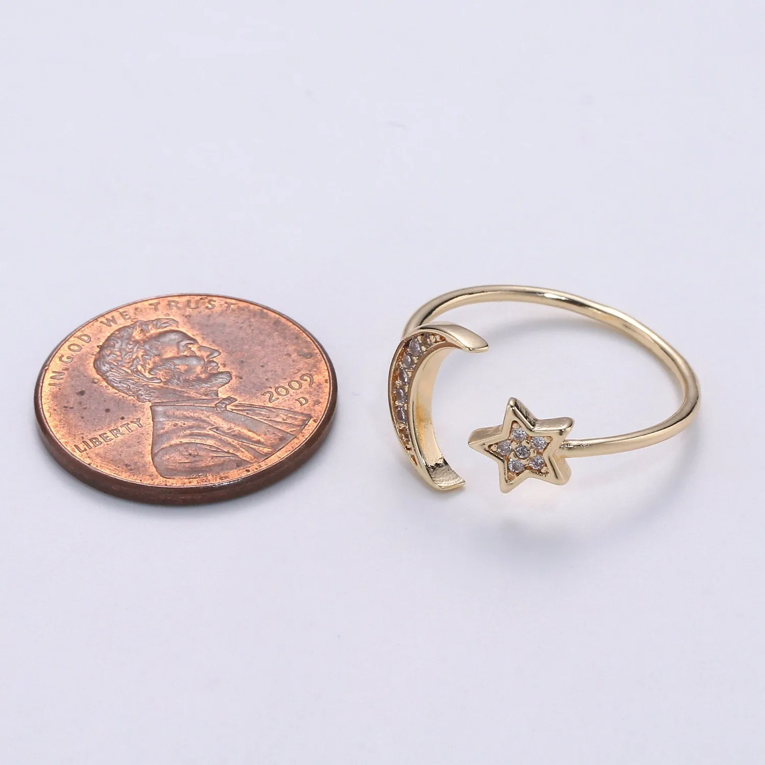Gold Moon and Star Ring- Dainty Adjustable Ring, Crescent Ring, Dainty Open Ring, Stacking Ring, Everyday Ring, Minimalist Celestial Jewelry R-072