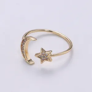 Gold Moon and Star Ring- Dainty Adjustable Ring, Crescent Ring, Dainty Open Ring, Stacking Ring, Everyday Ring, Minimalist Celestial Jewelry R-072