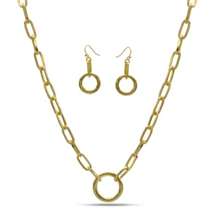 GOLD RECTANGLE LINK CHAIN AND ROUND PENDANT NECKLACE AND EARRINGS SET #HNN E90841GD(SF12)