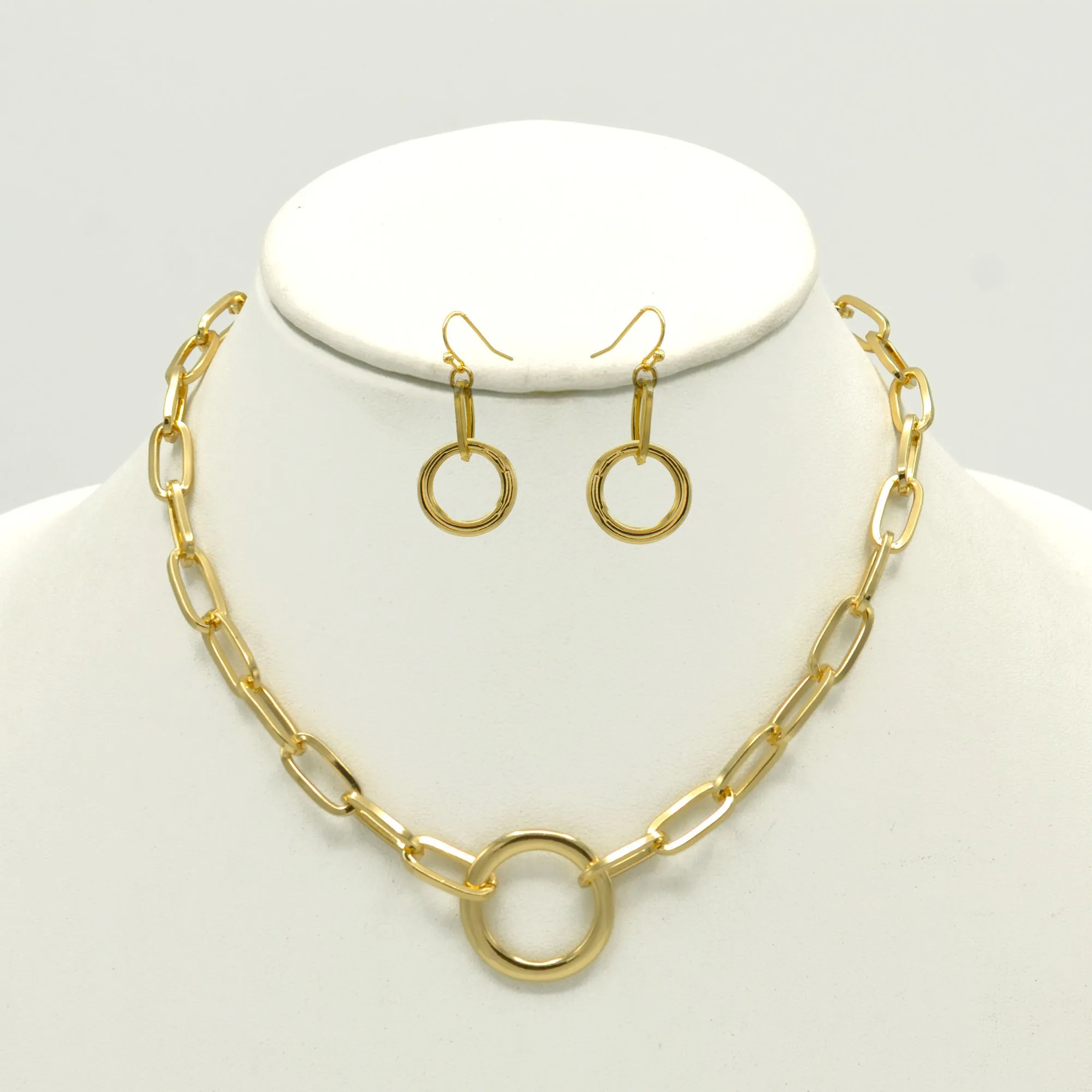 GOLD RECTANGLE LINK CHAIN AND ROUND PENDANT NECKLACE AND EARRINGS SET #HNN E90841GD(SF12)