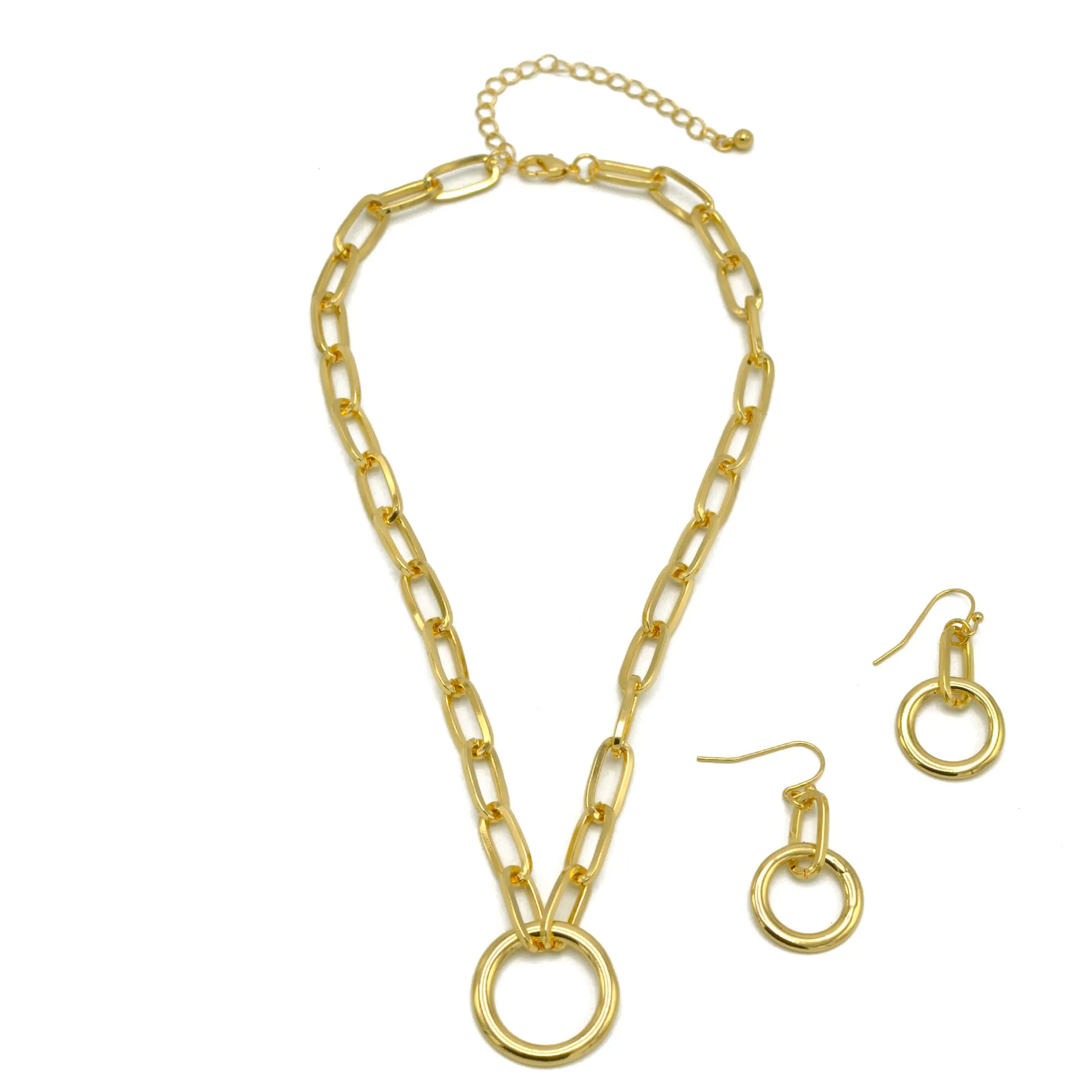 GOLD RECTANGLE LINK CHAIN AND ROUND PENDANT NECKLACE AND EARRINGS SET #HNN E90841GD(SF12)