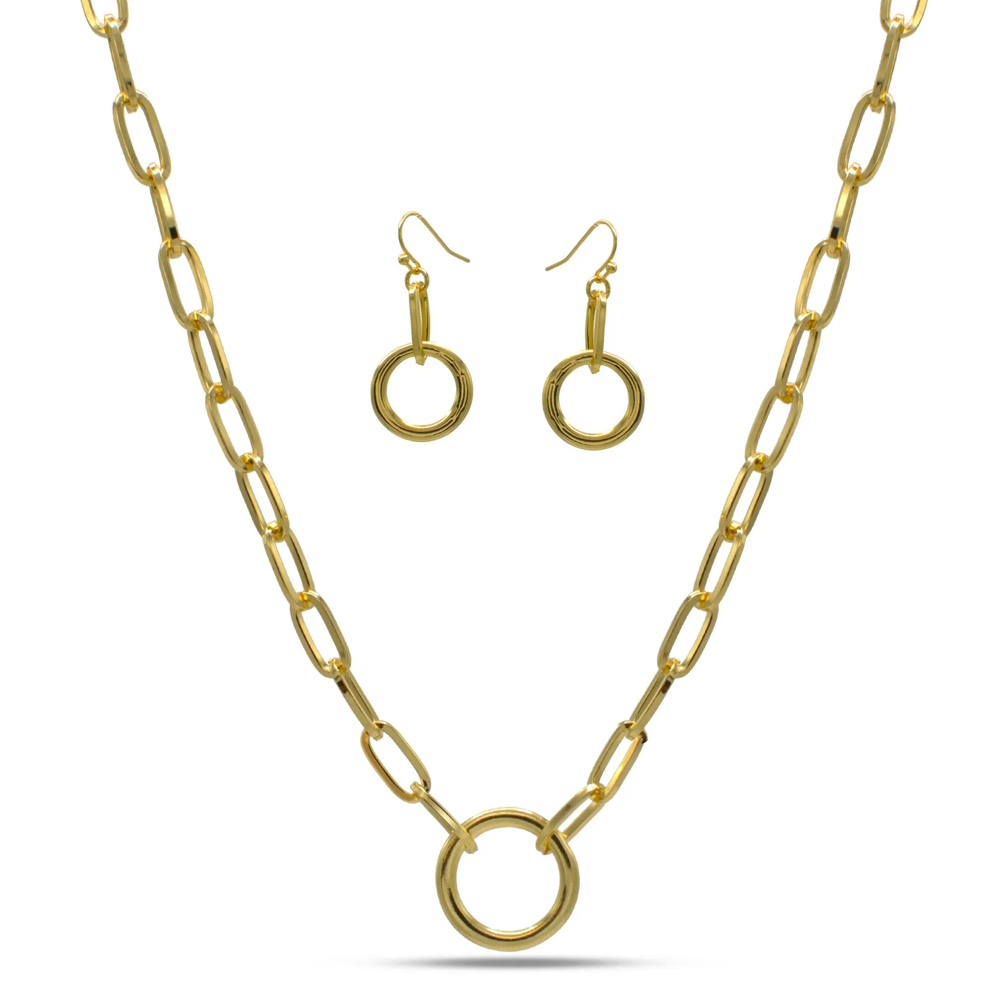 GOLD RECTANGLE LINK CHAIN AND ROUND PENDANT NECKLACE AND EARRINGS SET #HNN E90841GD(SF12)