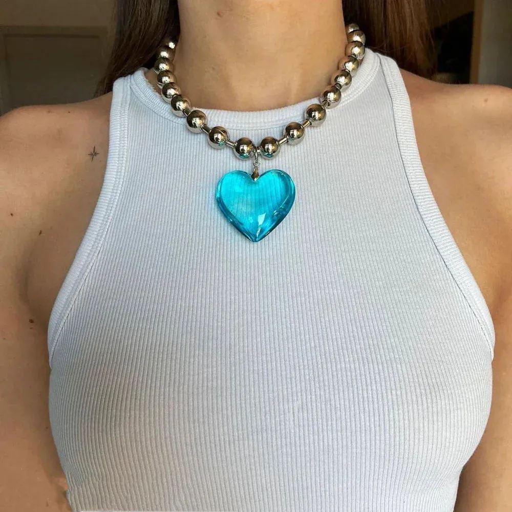 Grunge Fashion Glass Heart Pendant Necklace Y2K Oversize Ball Beads Chain Statement Choker Necklace for Women Club Punk Jewelry