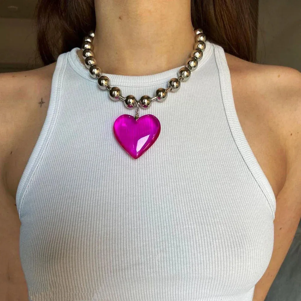 Grunge Fashion Glass Heart Pendant Necklace Y2K Oversize Ball Beads Chain Statement Choker Necklace for Women Club Punk Jewelry