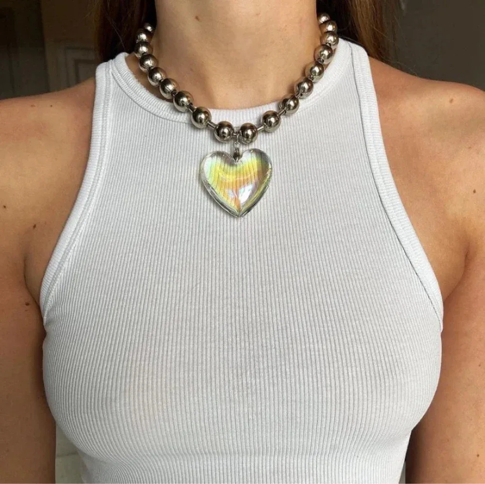 Grunge Fashion Glass Heart Pendant Necklace Y2K Oversize Ball Beads Chain Statement Choker Necklace for Women Club Punk Jewelry