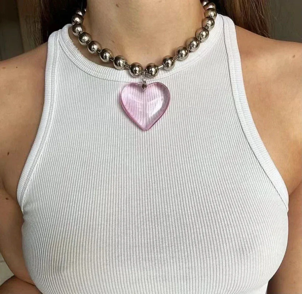 Grunge Fashion Glass Heart Pendant Necklace Y2K Oversize Ball Beads Chain Statement Choker Necklace for Women Club Punk Jewelry