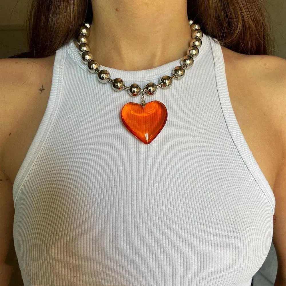 Grunge Fashion Glass Heart Pendant Necklace Y2K Oversize Ball Beads Chain Statement Choker Necklace for Women Club Punk Jewelry