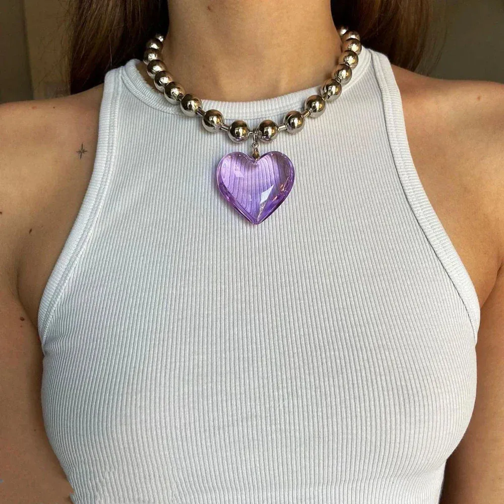 Grunge Fashion Glass Heart Pendant Necklace Y2K Oversize Ball Beads Chain Statement Choker Necklace for Women Club Punk Jewelry