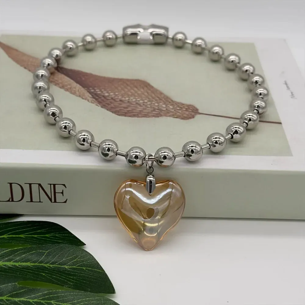 Grunge Fashion Glass Heart Pendant Necklace Y2K Oversize Ball Beads Chain Statement Choker Necklace for Women Club Punk Jewelry
