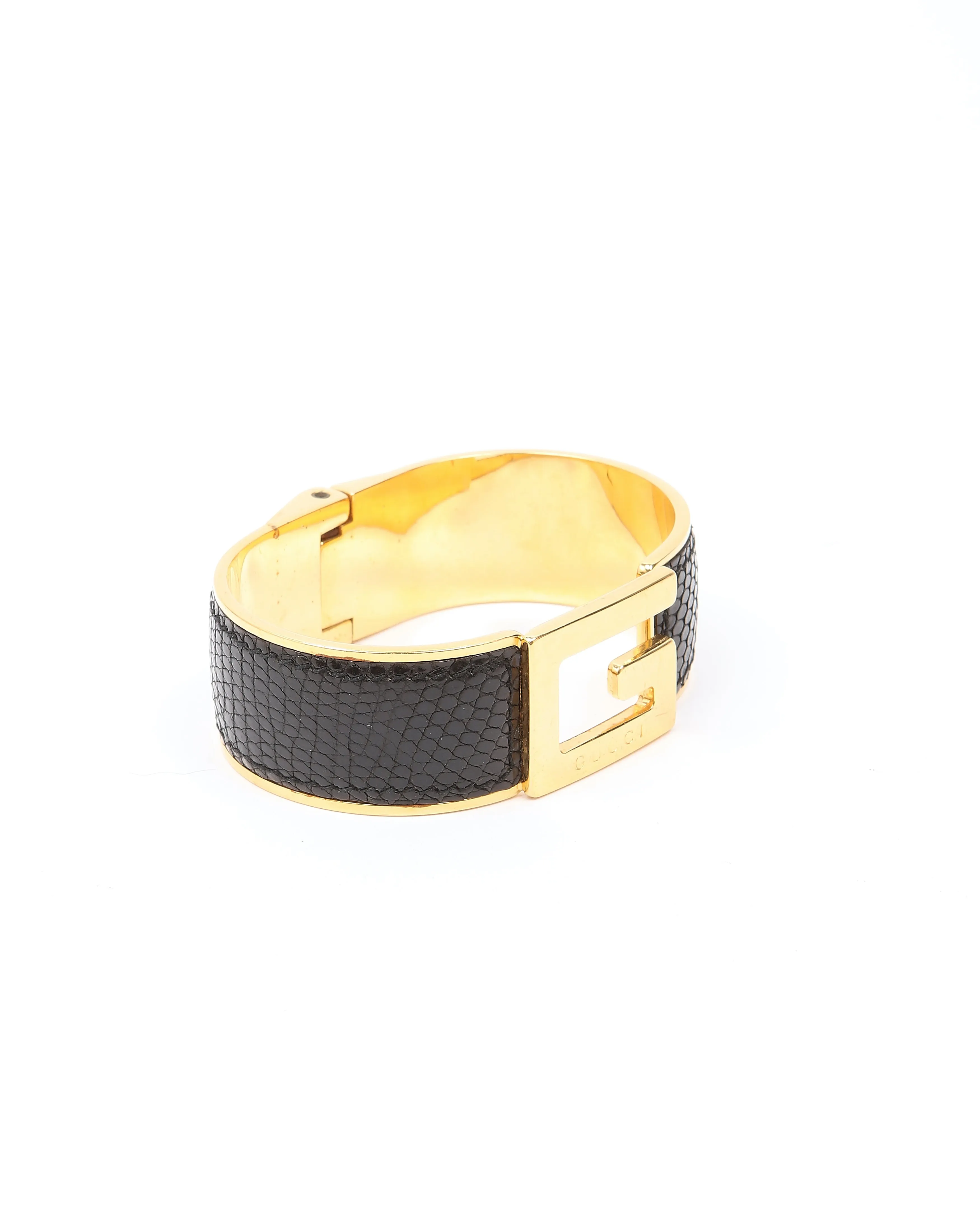 Gucci Gold & Black Lizard G Hinge Bangle Bracelet