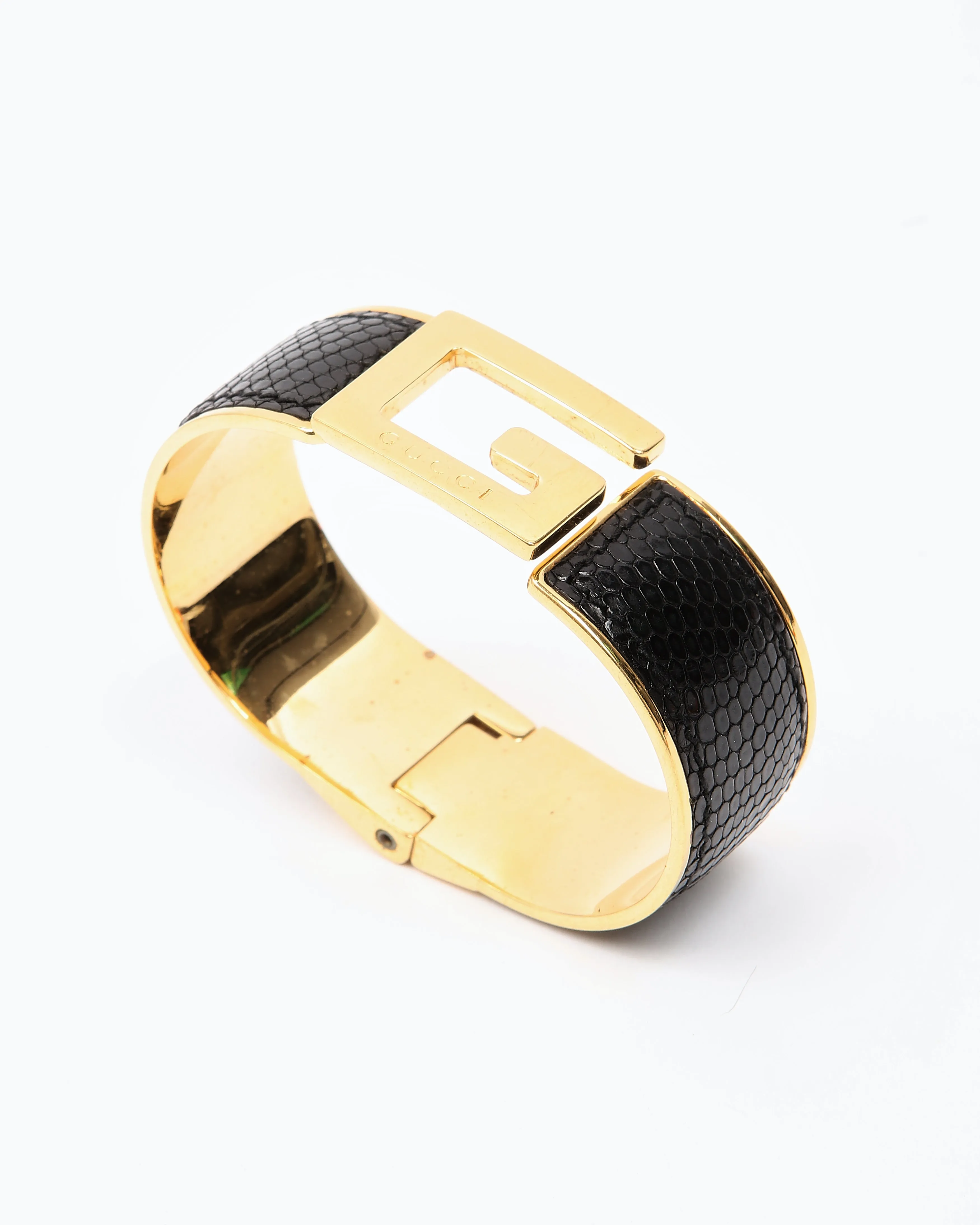 Gucci Gold & Black Lizard G Hinge Bangle Bracelet