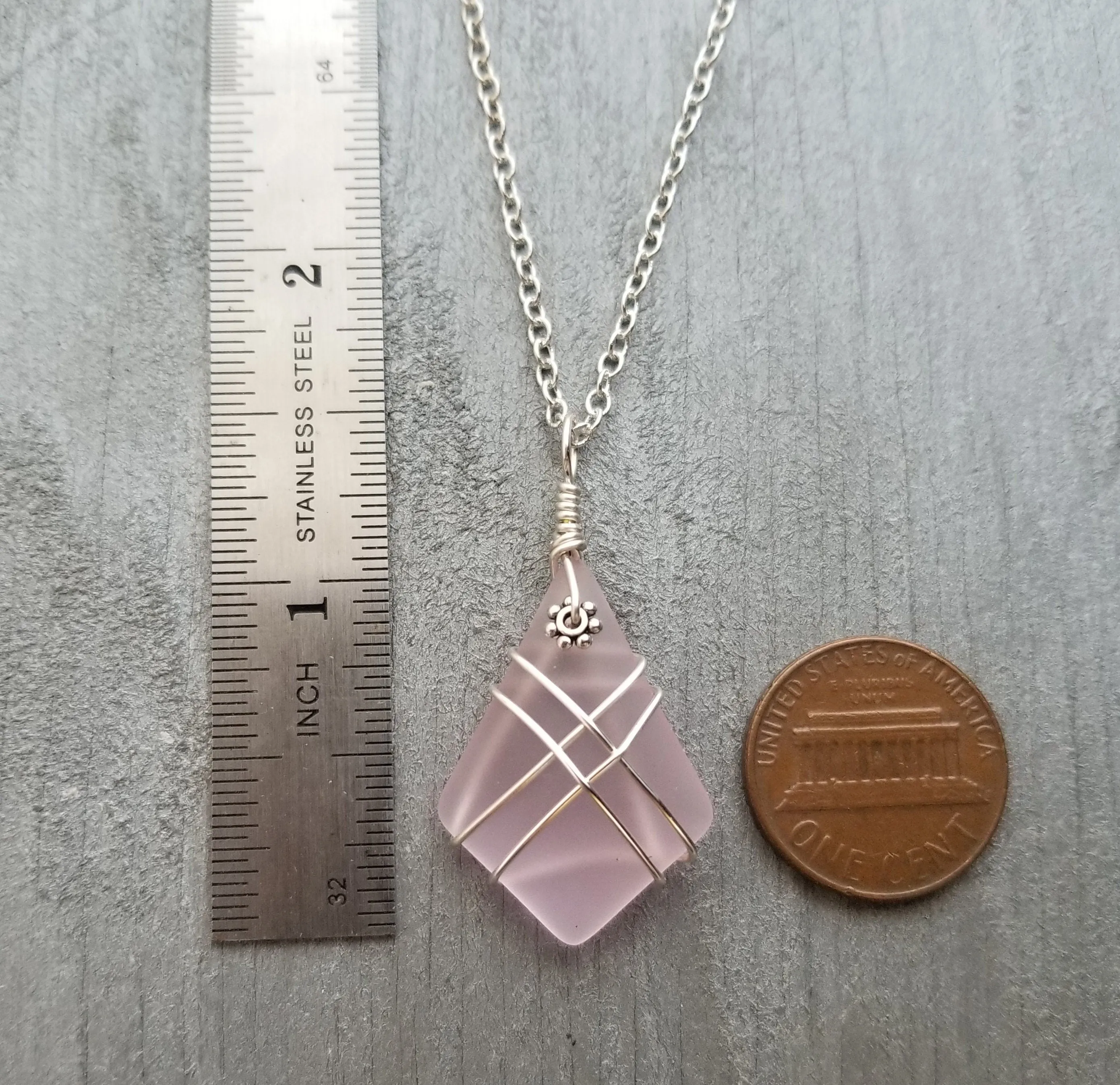 Hawaiian Jewelry Sea Glass Necklace, Wire Cross Necklace Pink Necklace, Unique Sea Glass Jewelry Birthday Gift (October Birthstone Jewelry)