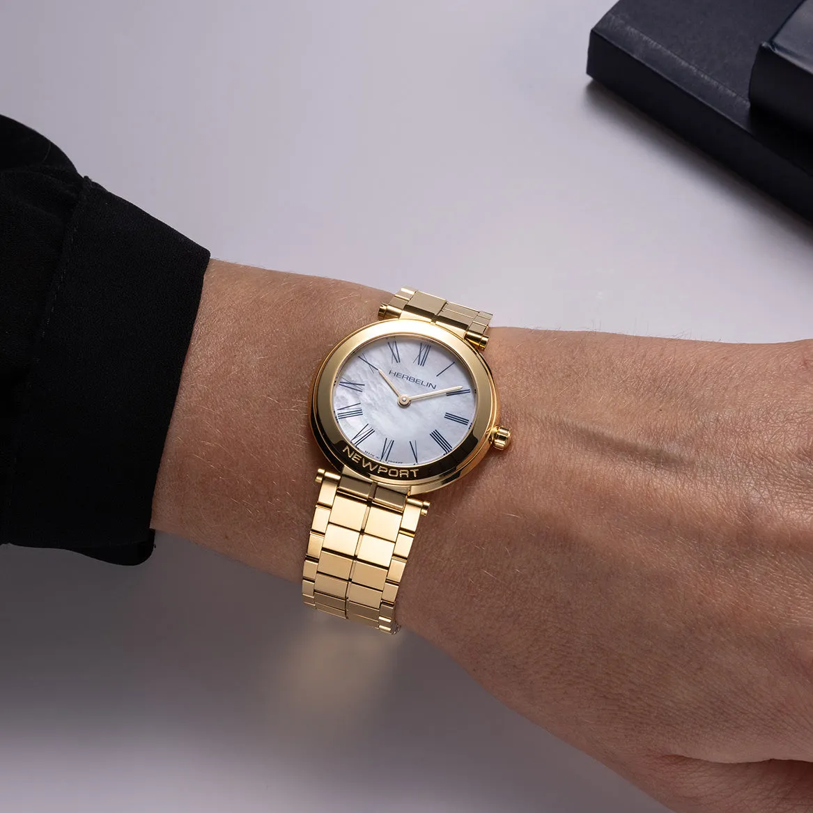 Herbelin Newport Slim Ladies White Mother of Pearl Gold Watch 16922BP09
