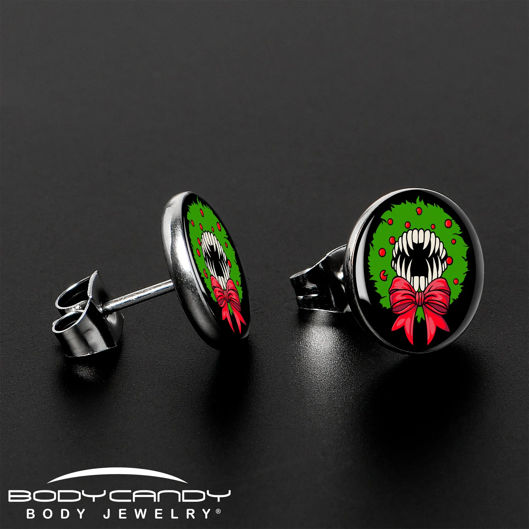Holiday Vampire Wreath Stud Earrings