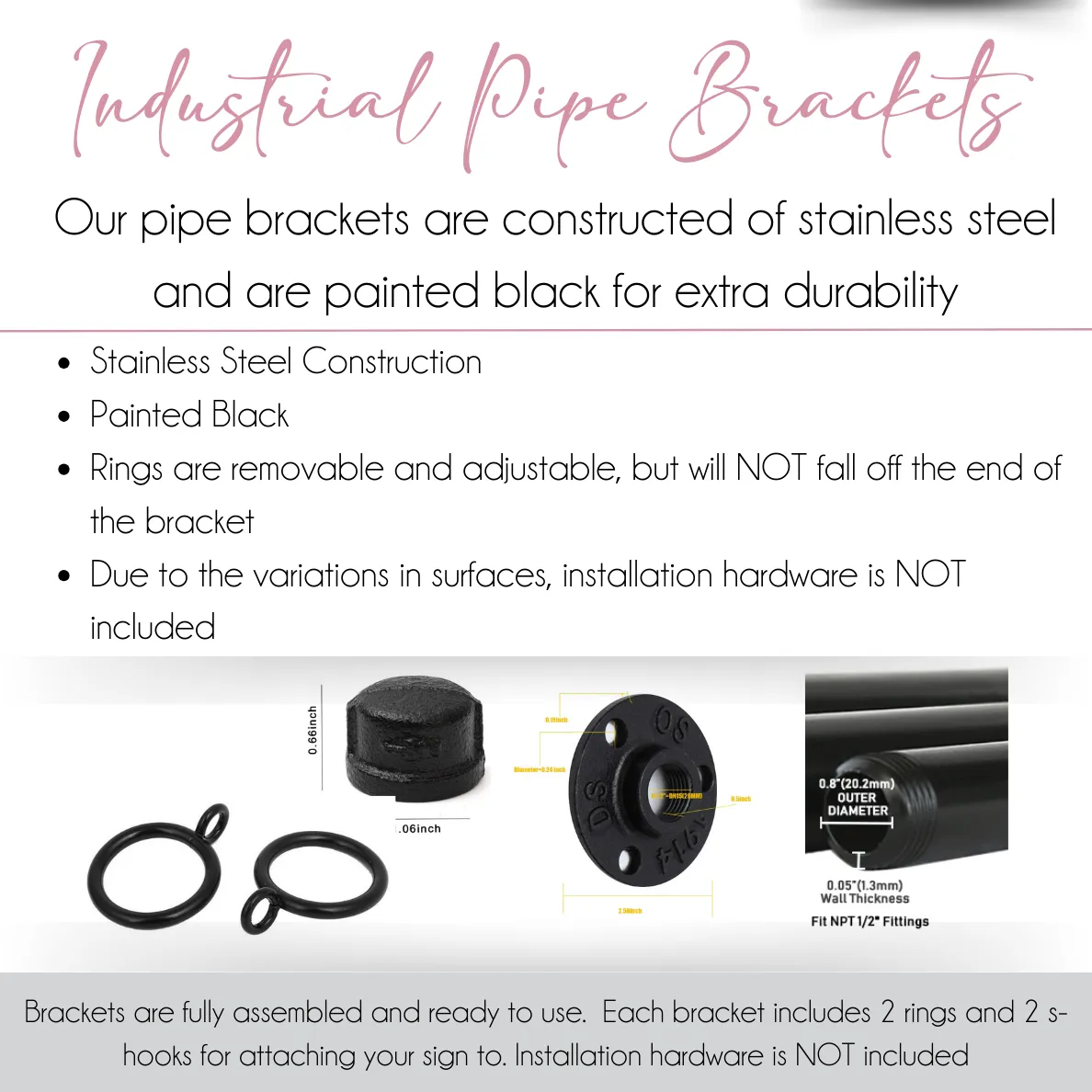 Industrial Pipe Bracket with Adjustable Rings for Custom Signage- 1/2" x 14"- BRACKET ONLY
