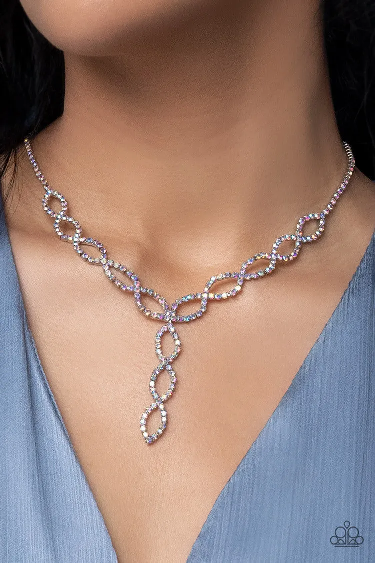 Infinitely Icy - Multi - Iridescent Rhinestone Twisty Y Paparazzi Short Necklace - September 2022 Life of the Party Exclusive