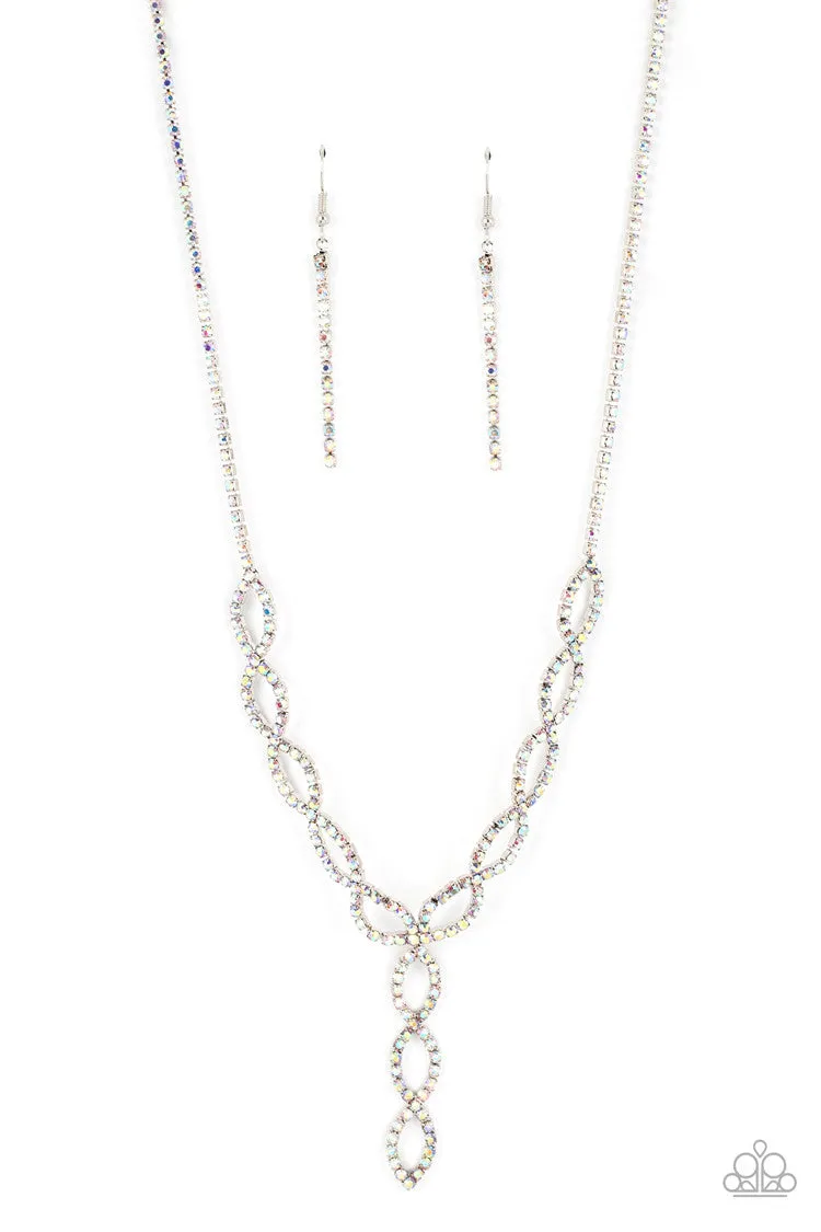 Infinitely Icy - Multi - Iridescent Rhinestone Twisty Y Paparazzi Short Necklace - September 2022 Life of the Party Exclusive