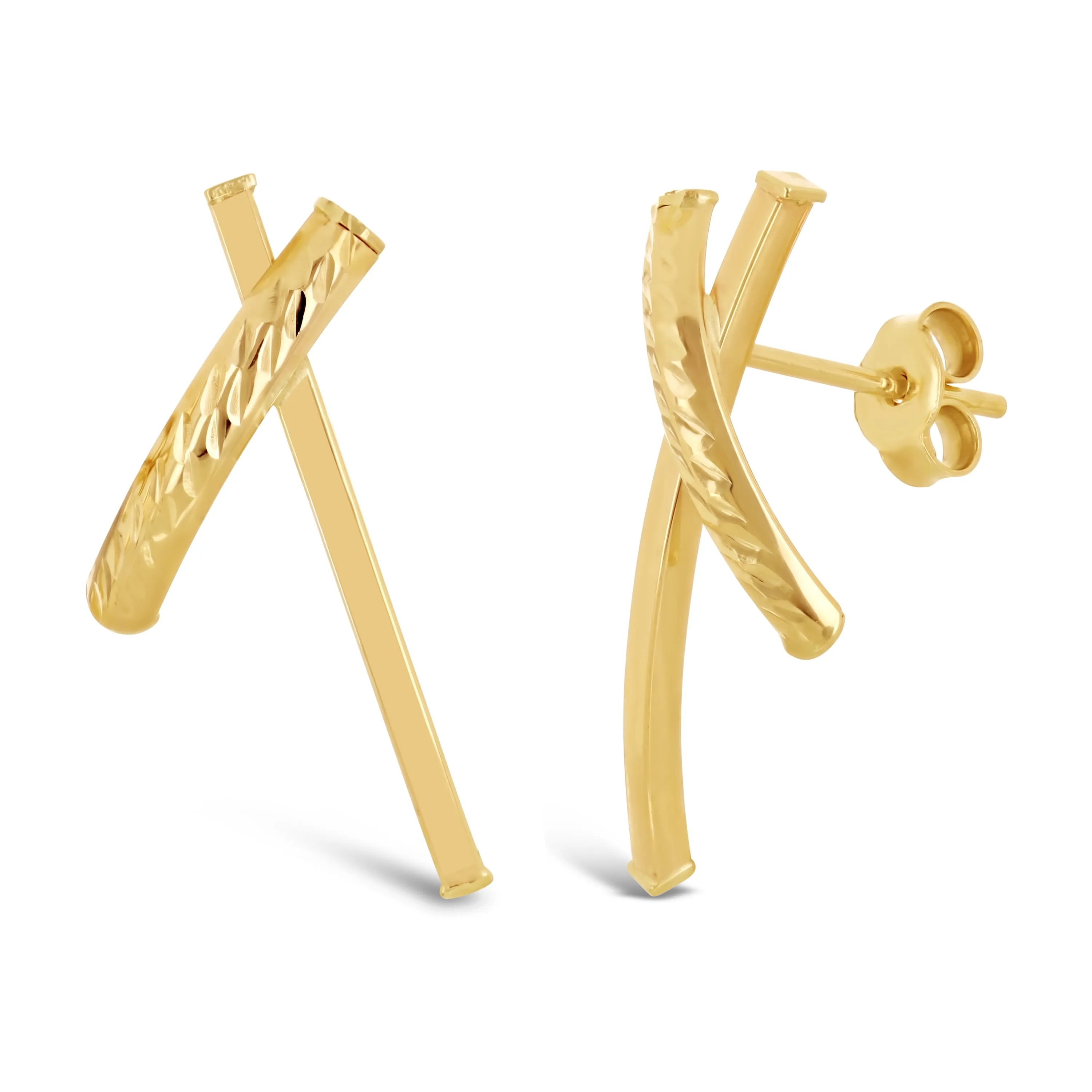 Italian 14k Yellow Gold Shiny Diamond Cut X-Shape Hugs Love Bar Stud Earrings