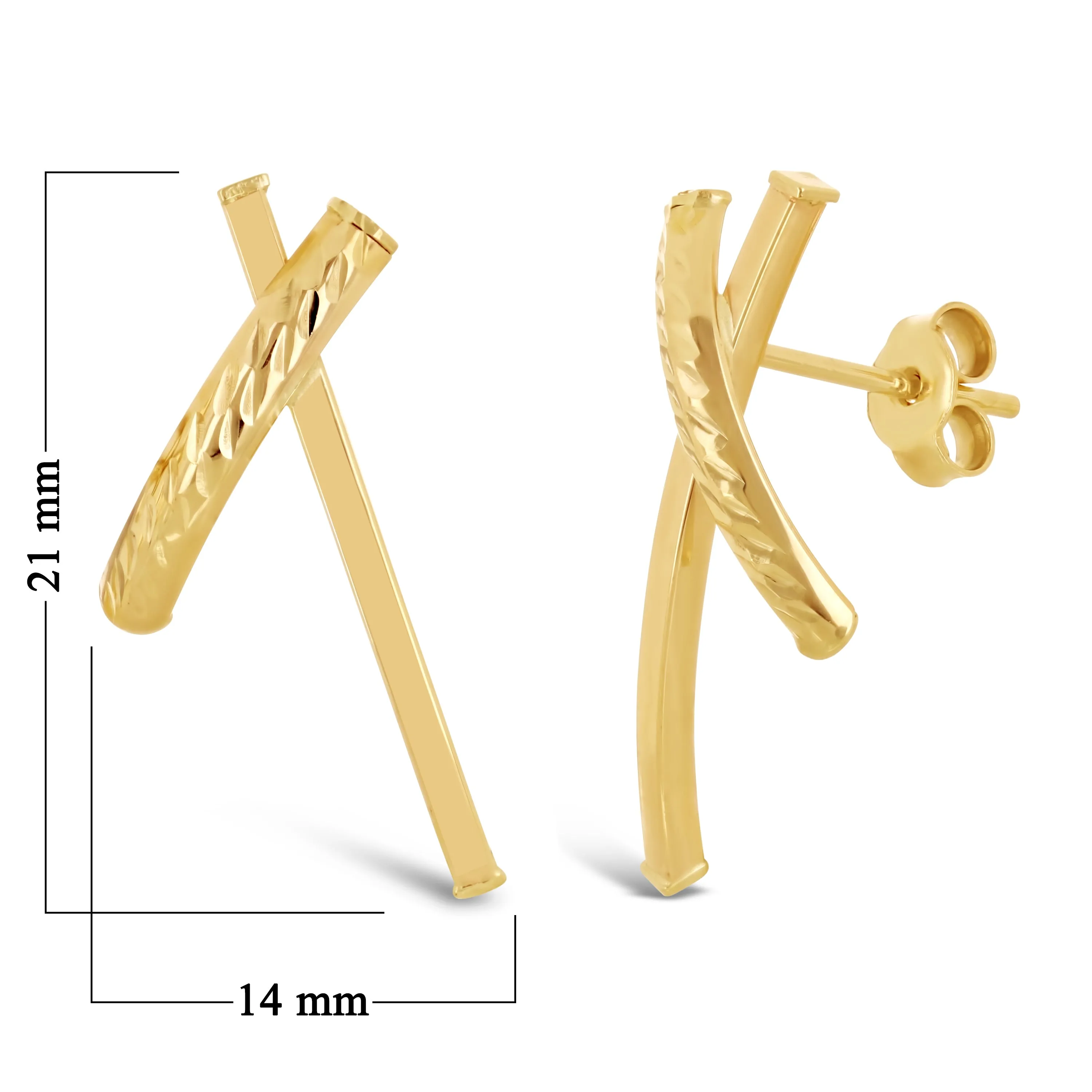 Italian 14k Yellow Gold Shiny Diamond Cut X-Shape Hugs Love Bar Stud Earrings