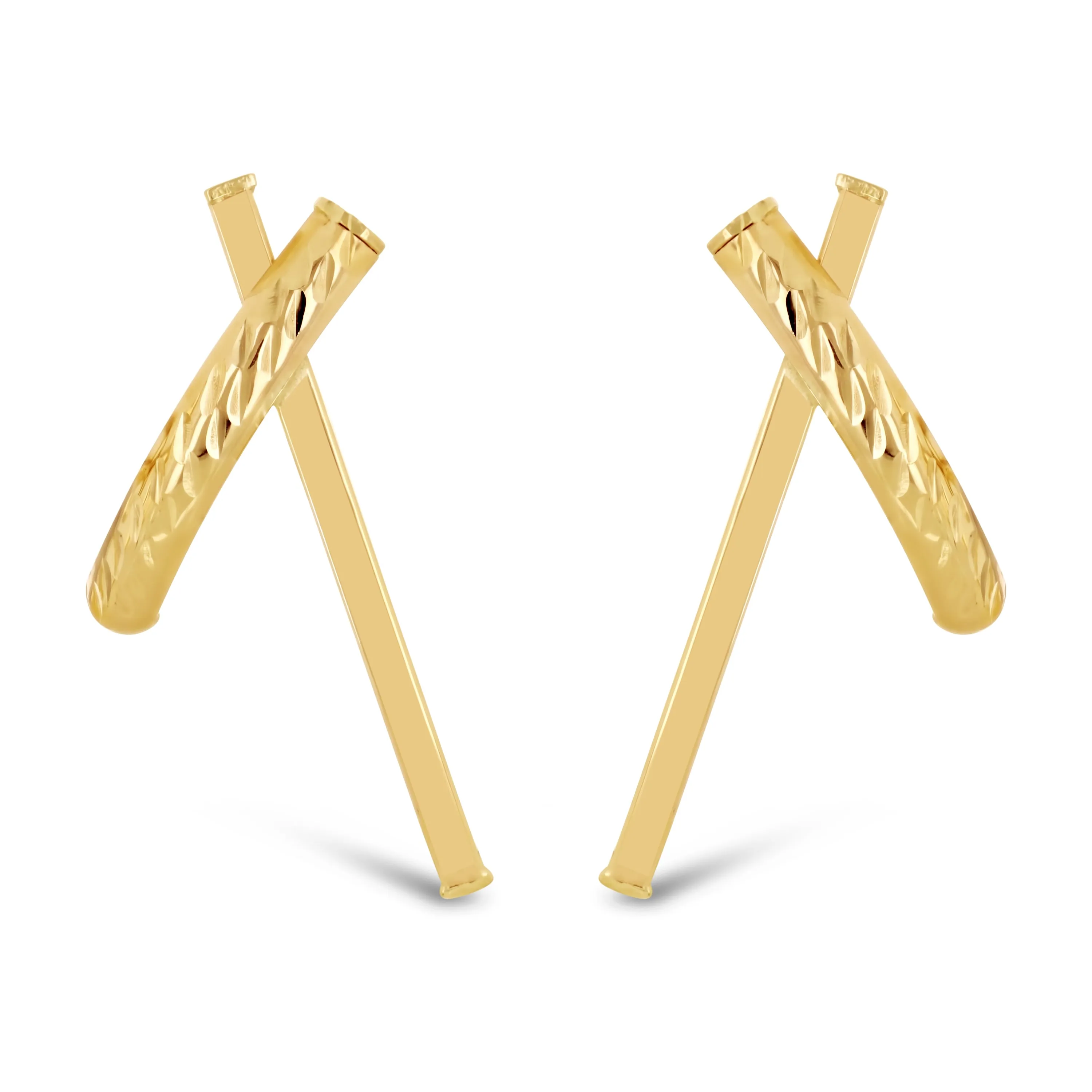 Italian 14k Yellow Gold Shiny Diamond Cut X-Shape Hugs Love Bar Stud Earrings