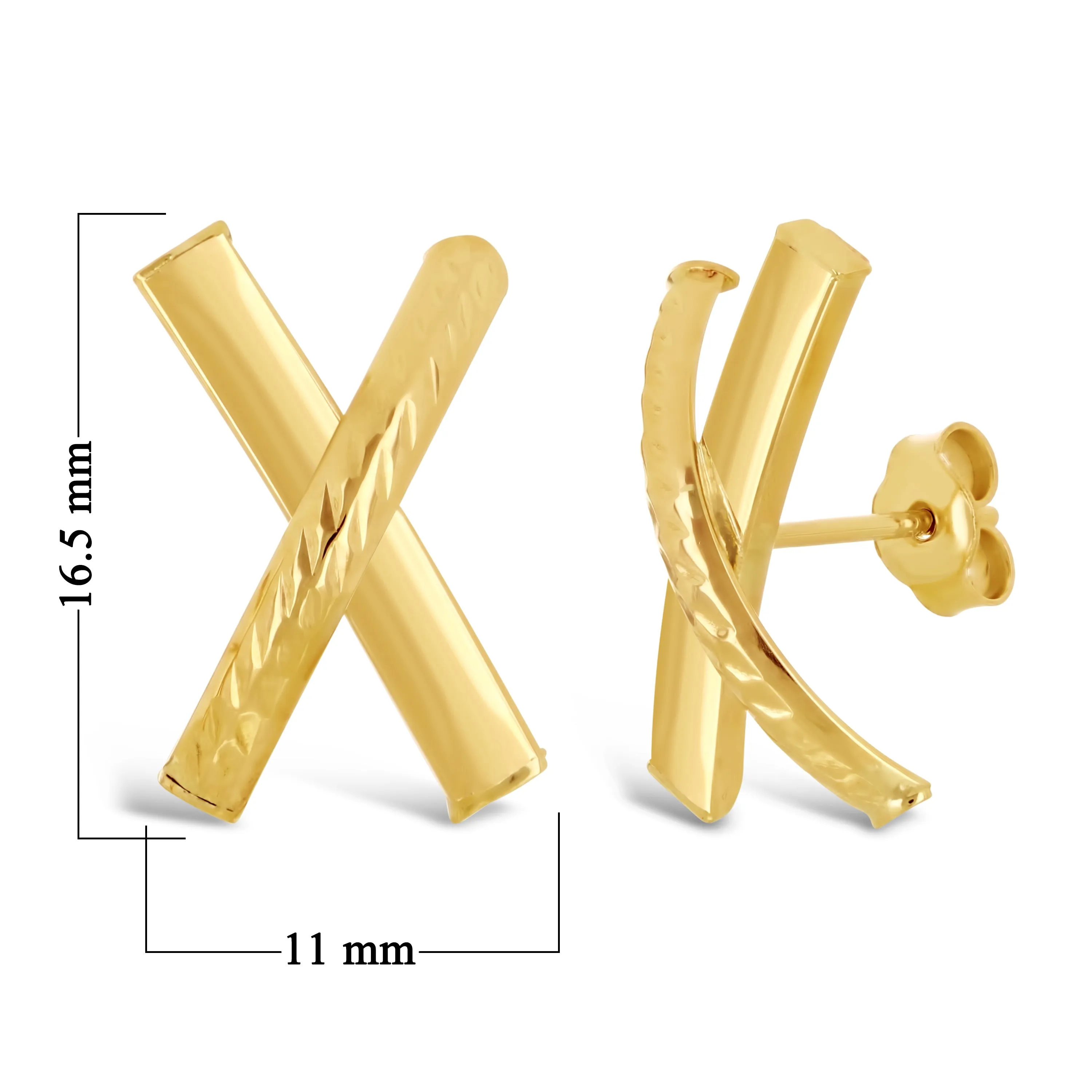 Italian 14k Yellow Gold Shiny Diamond Cut X-Shape Hugs Love Bar Stud Earrings