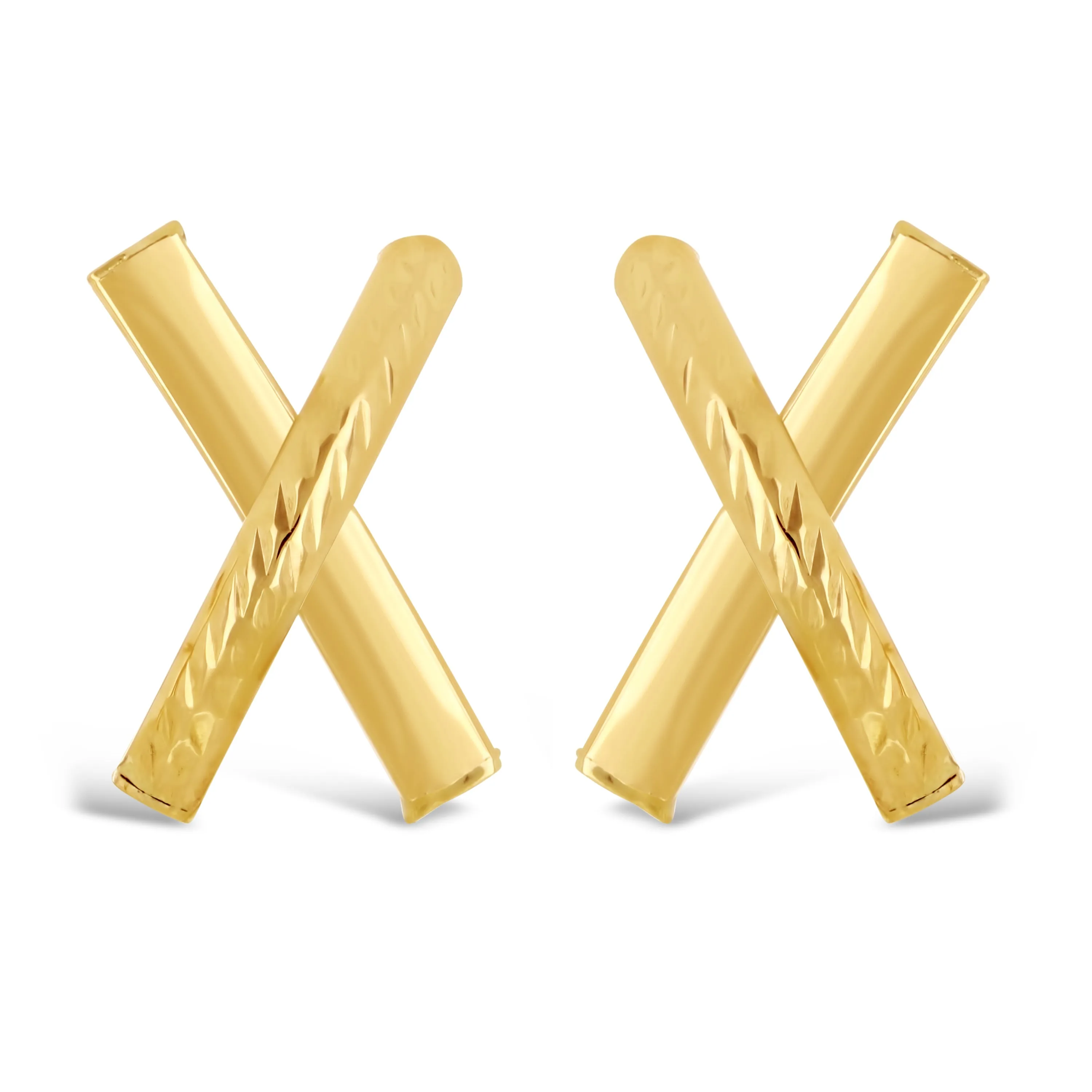 Italian 14k Yellow Gold Shiny Diamond Cut X-Shape Hugs Love Bar Stud Earrings