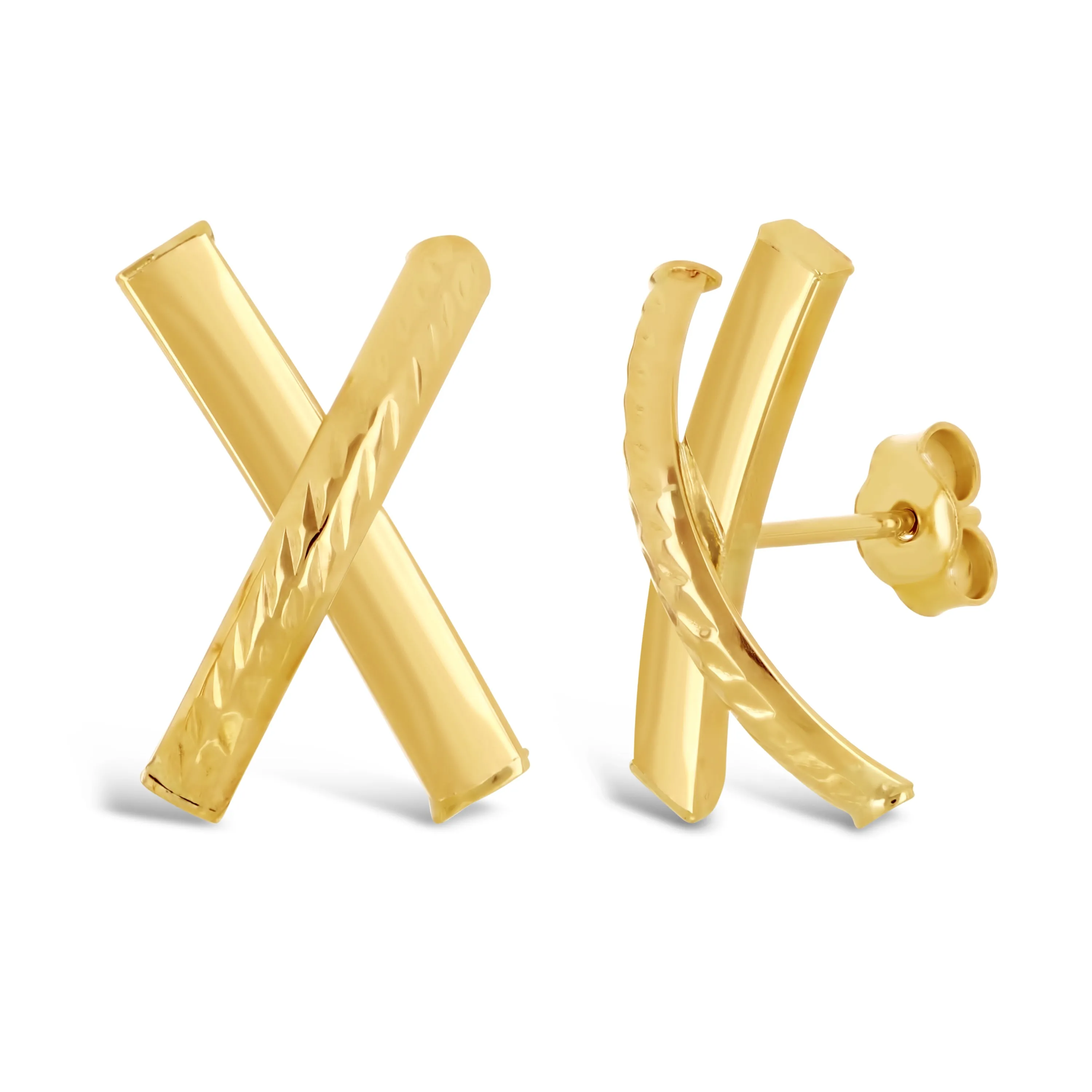 Italian 14k Yellow Gold Shiny Diamond Cut X-Shape Hugs Love Bar Stud Earrings