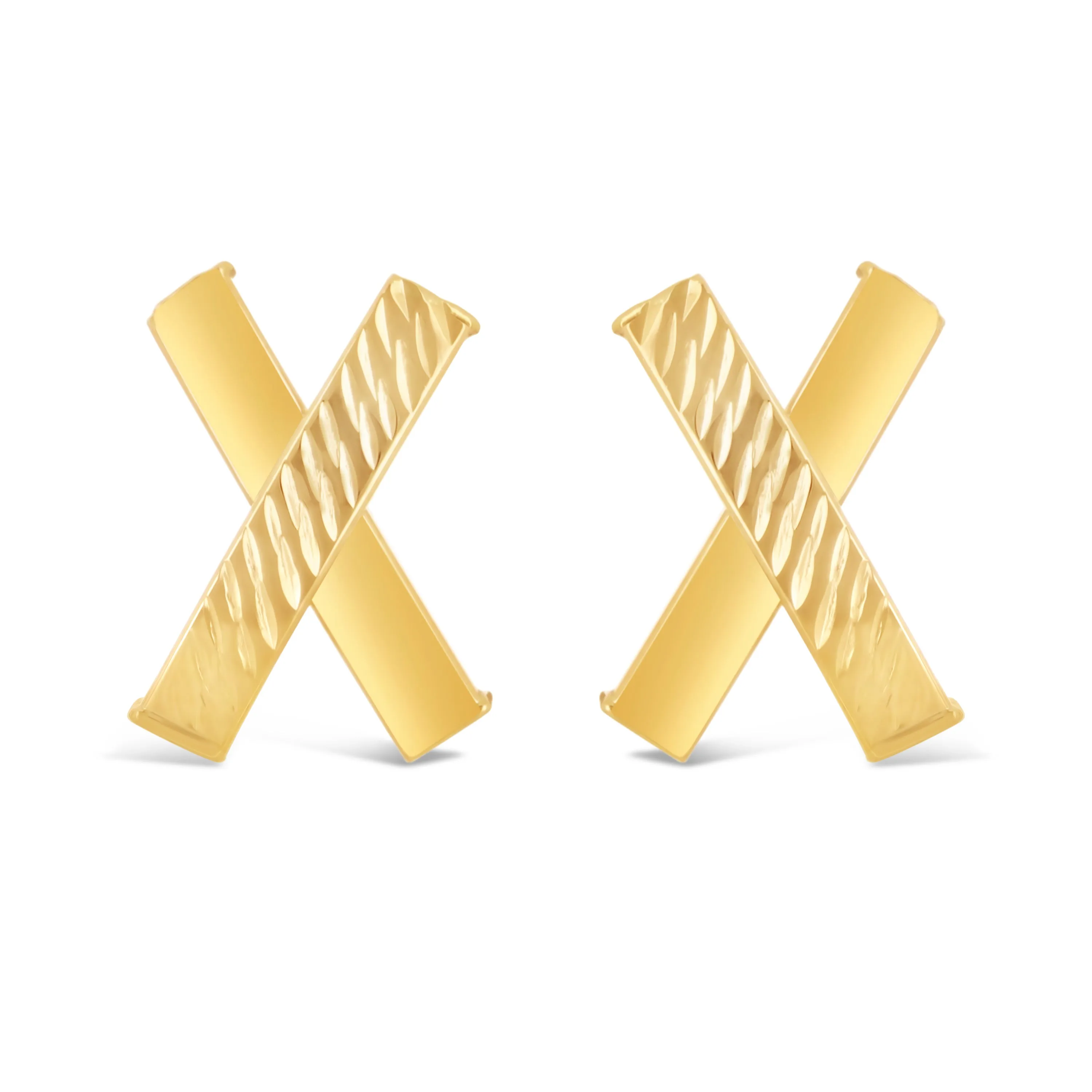 Italian 14k Yellow Gold Shiny Diamond Cut X-Shape Hugs Love Bar Stud Earrings