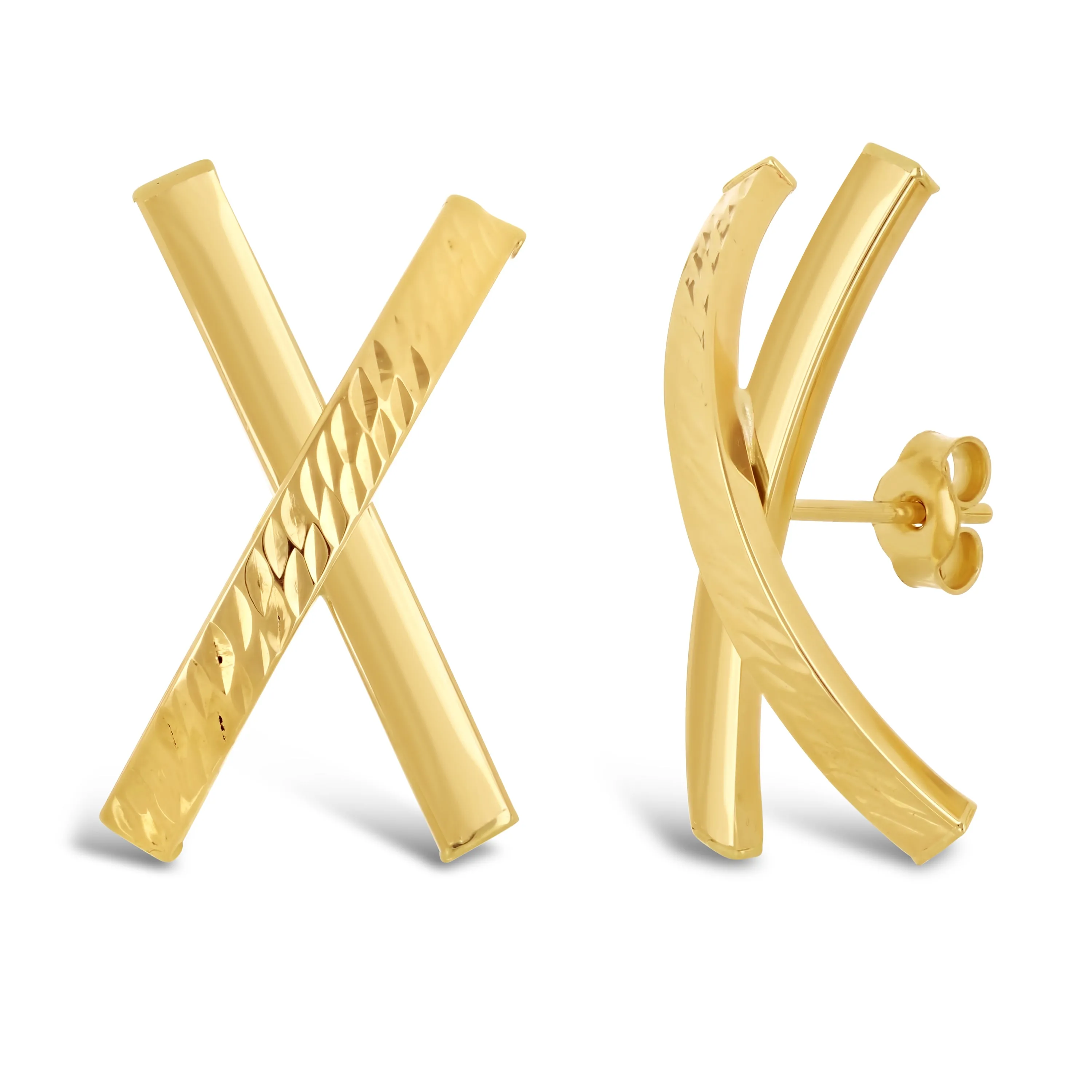 Italian 14k Yellow Gold Shiny Diamond Cut X-Shape Hugs Love Bar Stud Earrings