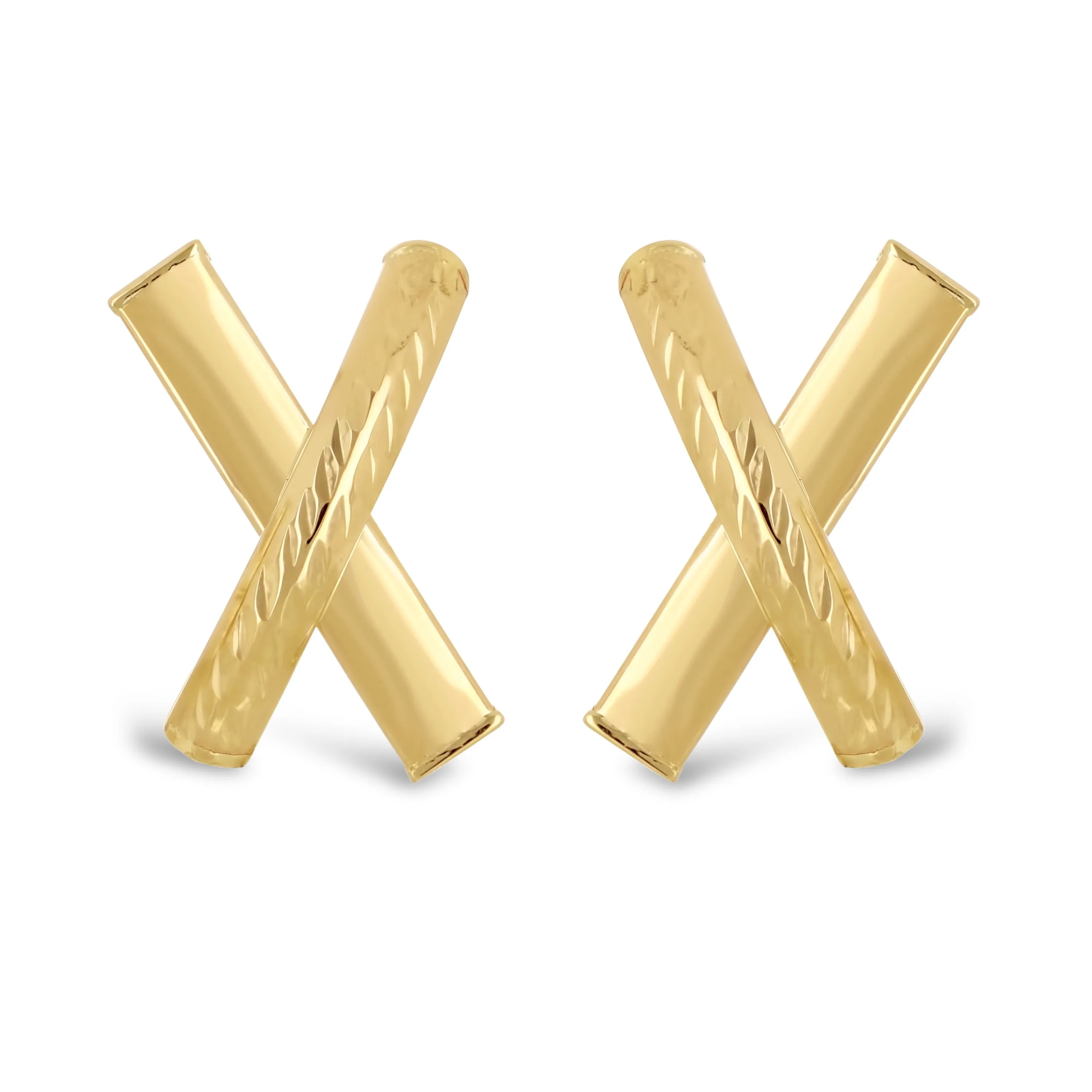 Italian 14k Yellow Gold Shiny Diamond Cut X-Shape Hugs Love Bar Stud Earrings