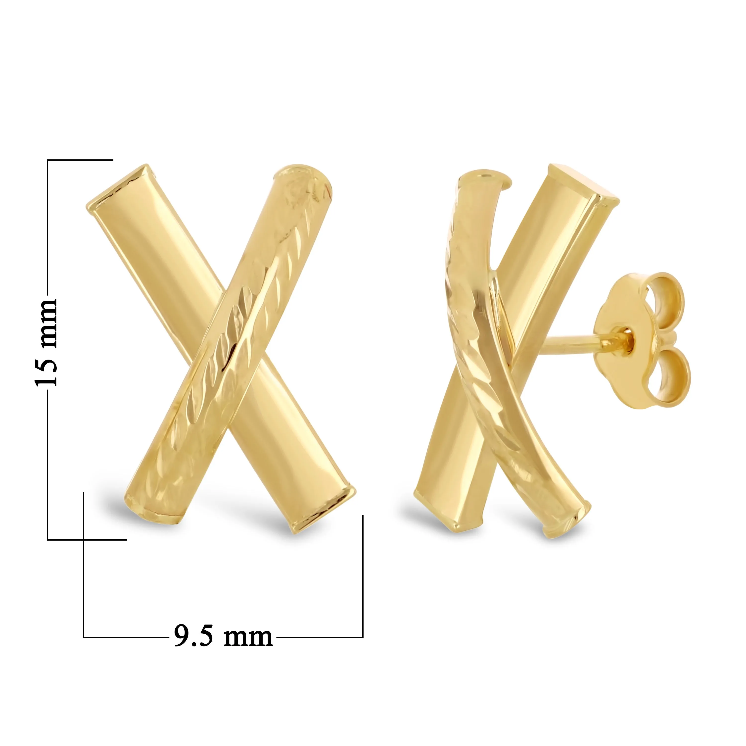 Italian 14k Yellow Gold Shiny Diamond Cut X-Shape Hugs Love Bar Stud Earrings