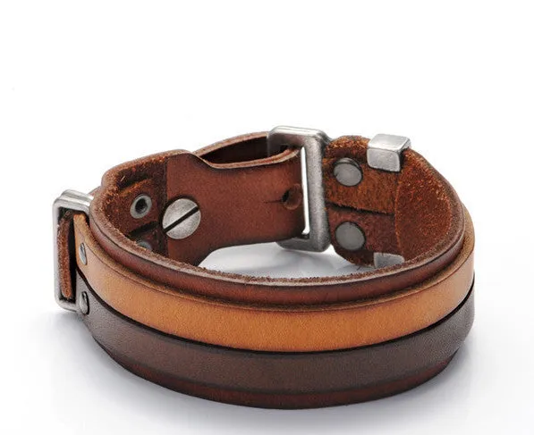 Italian Genuine Leather Cuff Double Wide Bracelet And Rope Bangles Brown For Men Fashion Man Bracelets Unisex Jewelry PG013