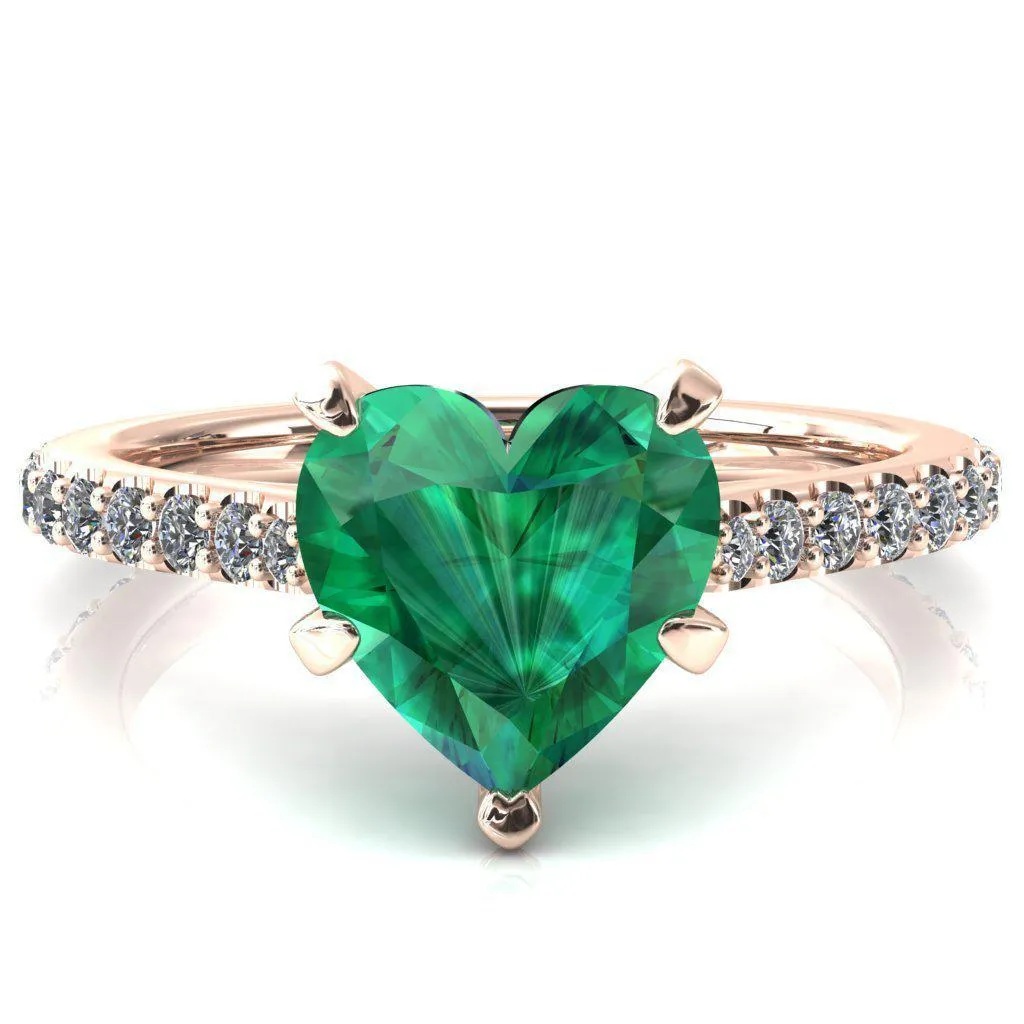 Kelsy Heart Emerald 5 Prong 3/4 Shared Scalloped Inverted Cathedral Ring