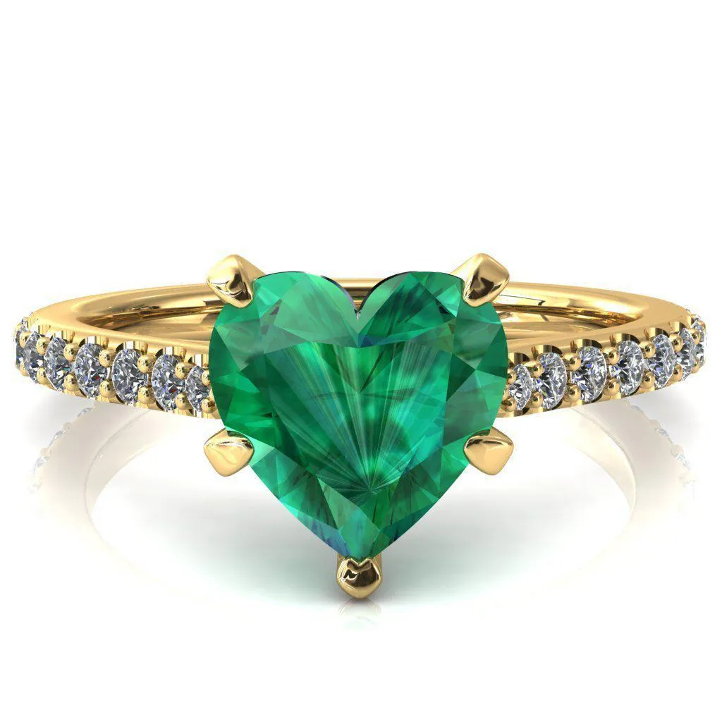 Kelsy Heart Emerald 5 Prong 3/4 Shared Scalloped Inverted Cathedral Ring