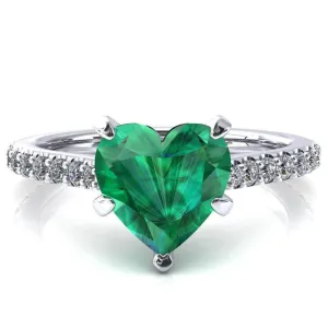 Kelsy Heart Emerald 5 Prong 3/4 Shared Scalloped Inverted Cathedral Ring