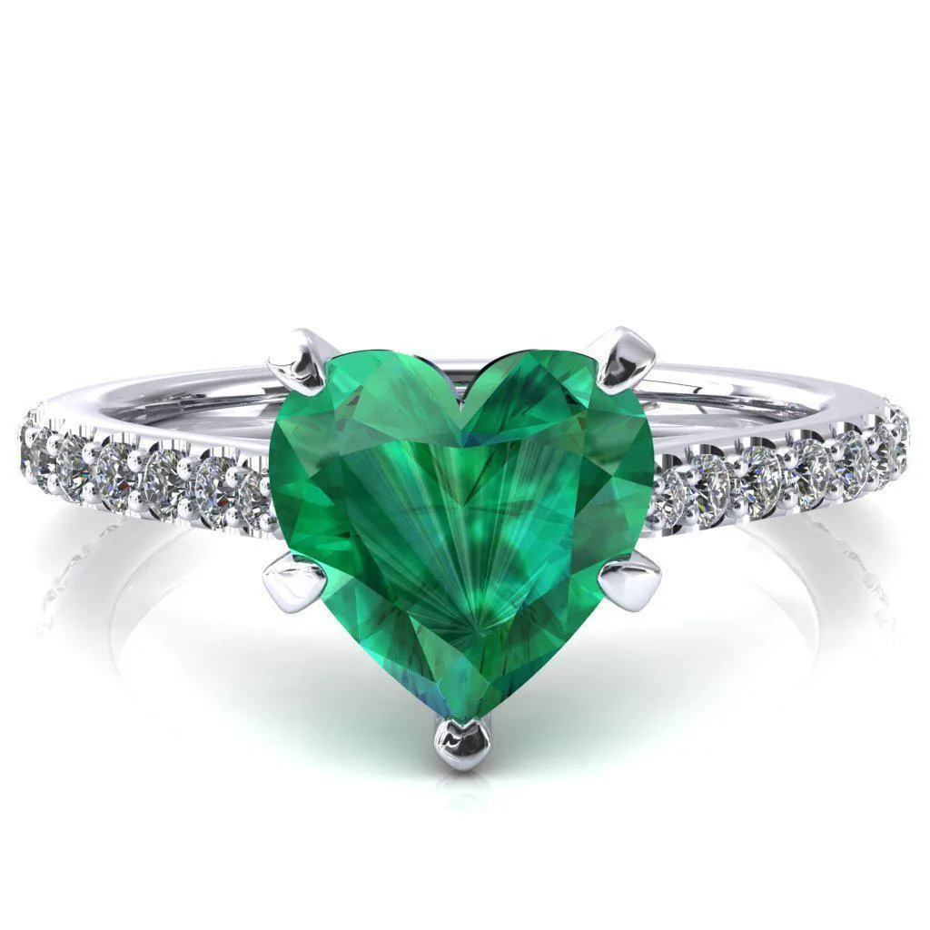 Kelsy Heart Emerald 5 Prong 3/4 Shared Scalloped Inverted Cathedral Ring