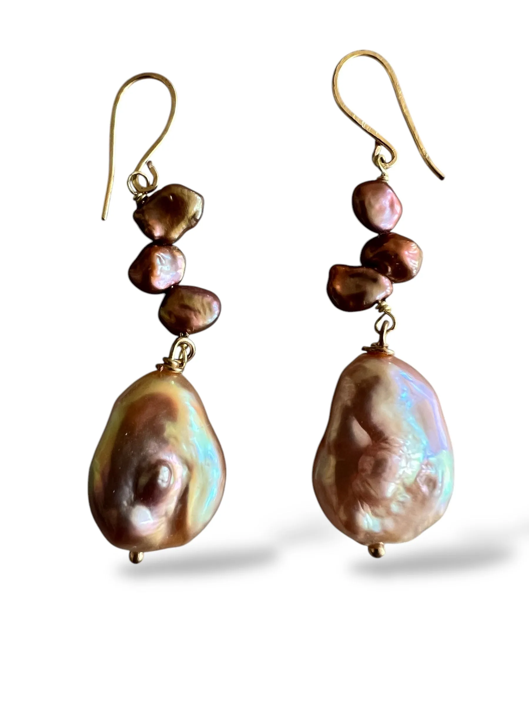 Keshi Natural Peach Pearl Gold Hook Earrings