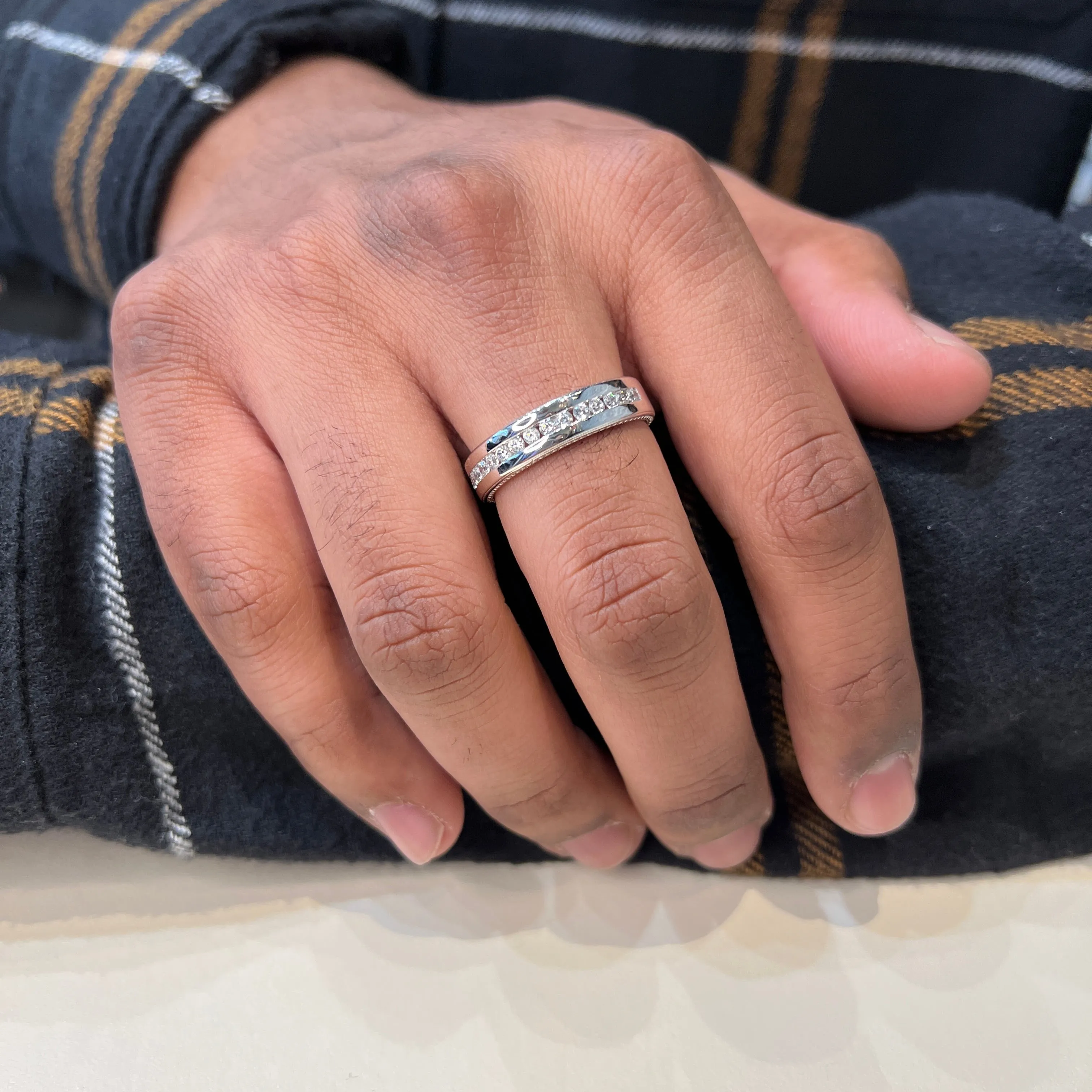 Lafonn Sterling Silver Platinum Plated Simulated Diamonds Mens Eternity Band