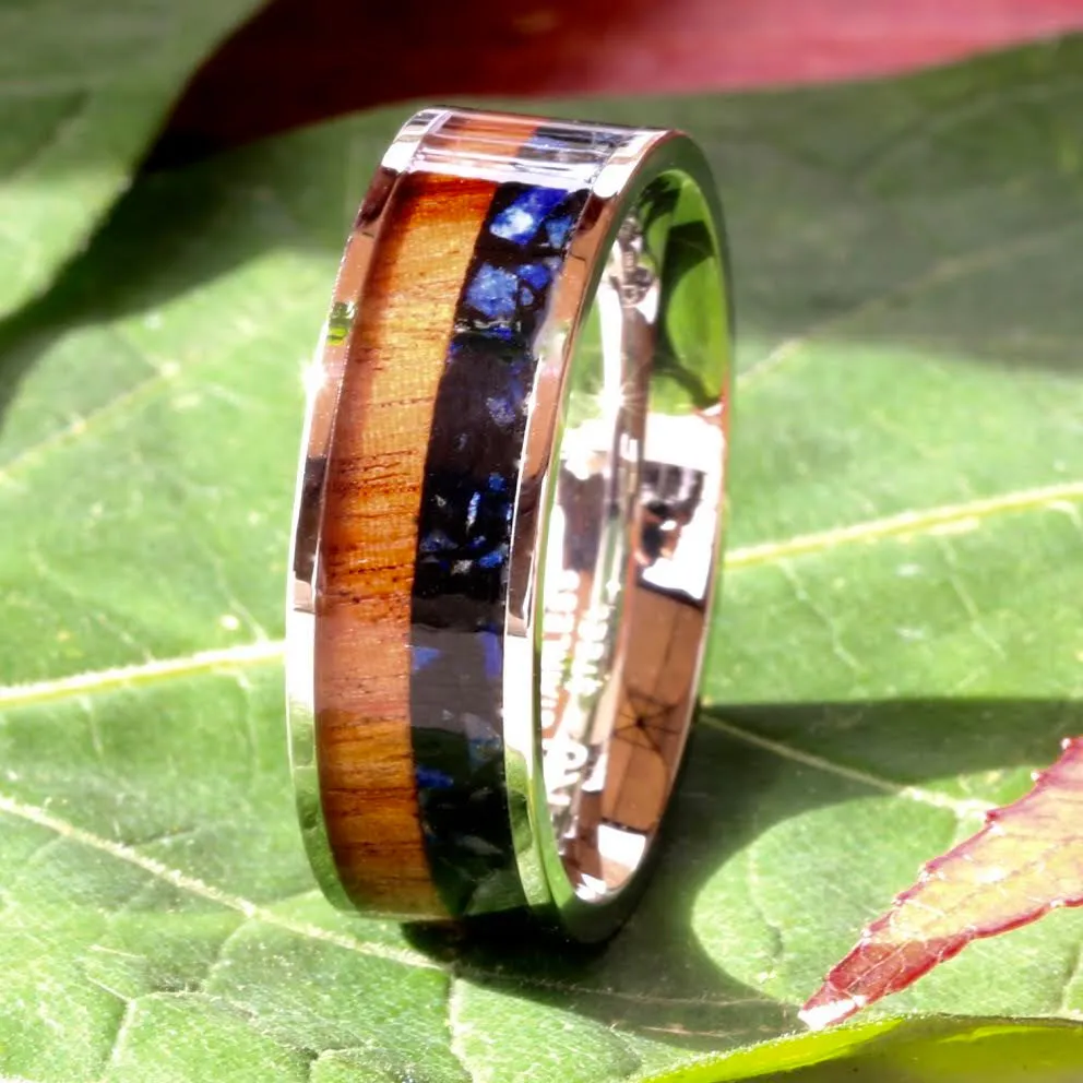 Lapis Lazuli Wedding Band Koa Wood Ring