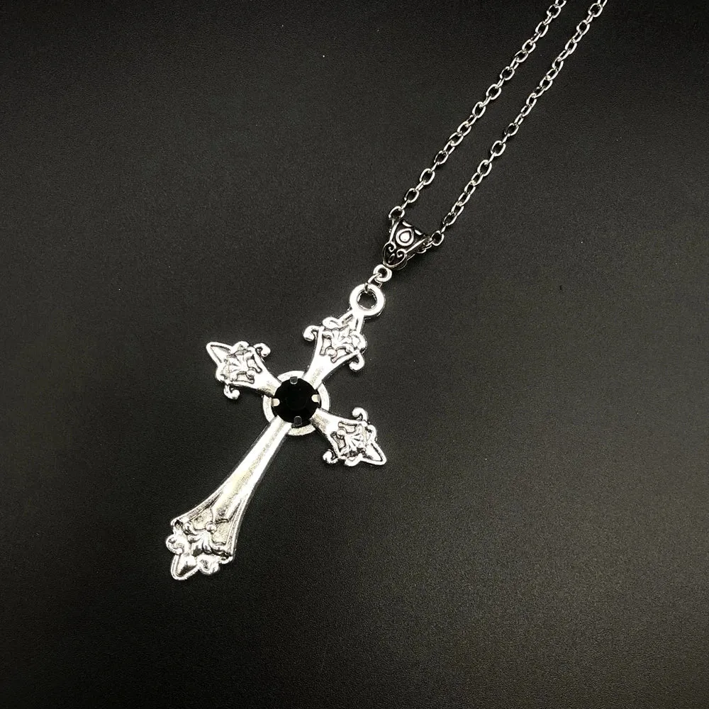 Large Detailed Cross Drill Pendant Jewel Necklace Silver Color Tone Gothic Punk Jewellery Fashion Charm Statement Women