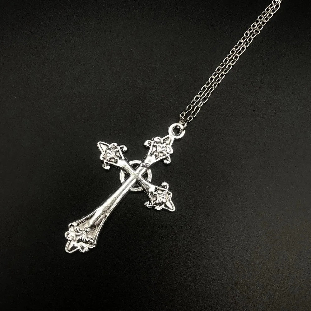 Large Detailed Cross Drill Pendant Jewel Necklace Silver Color Tone Gothic Punk Jewellery Fashion Charm Statement Women