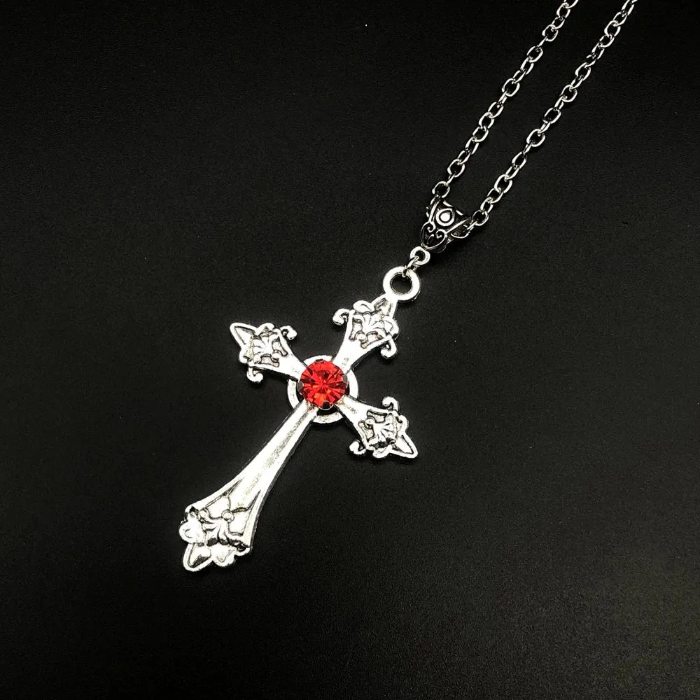Large Detailed Cross Drill Pendant Jewel Necklace Silver Color Tone Gothic Punk Jewellery Fashion Charm Statement Women