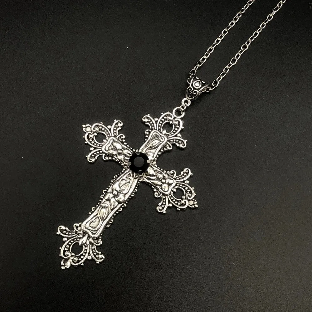 Large Detailed Cross Drill Pendant Jewel Necklace Silver Color Tone Gothic Punk Jewellery Fashion Charm Statement Women
